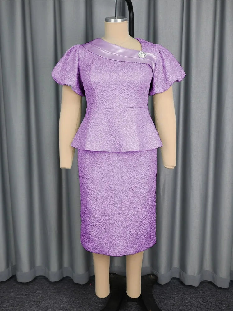 Plus Size Rose Jacquard Puff Sleeve Dress
