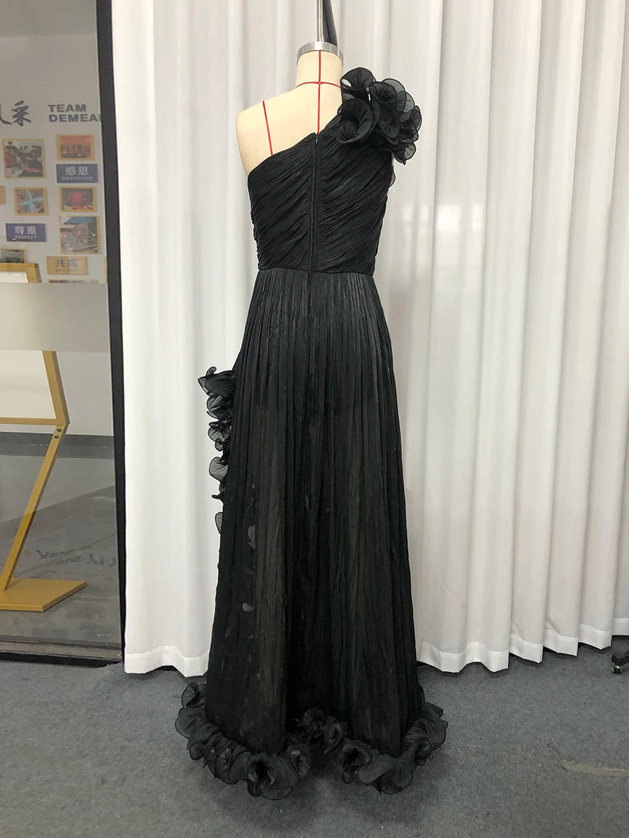 Black Spliced Fungus Folds Irregular Long Dress