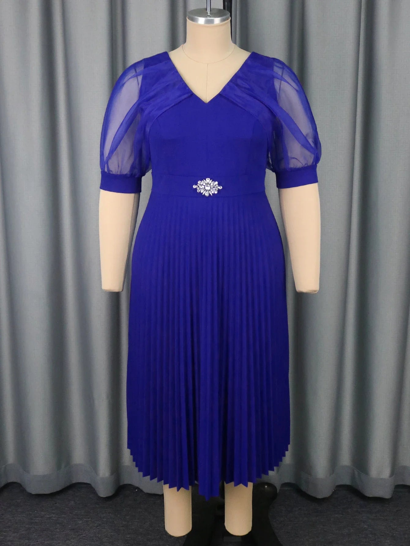 Plus Size Sheer Puff Sleeves with Rhinestone Dress
