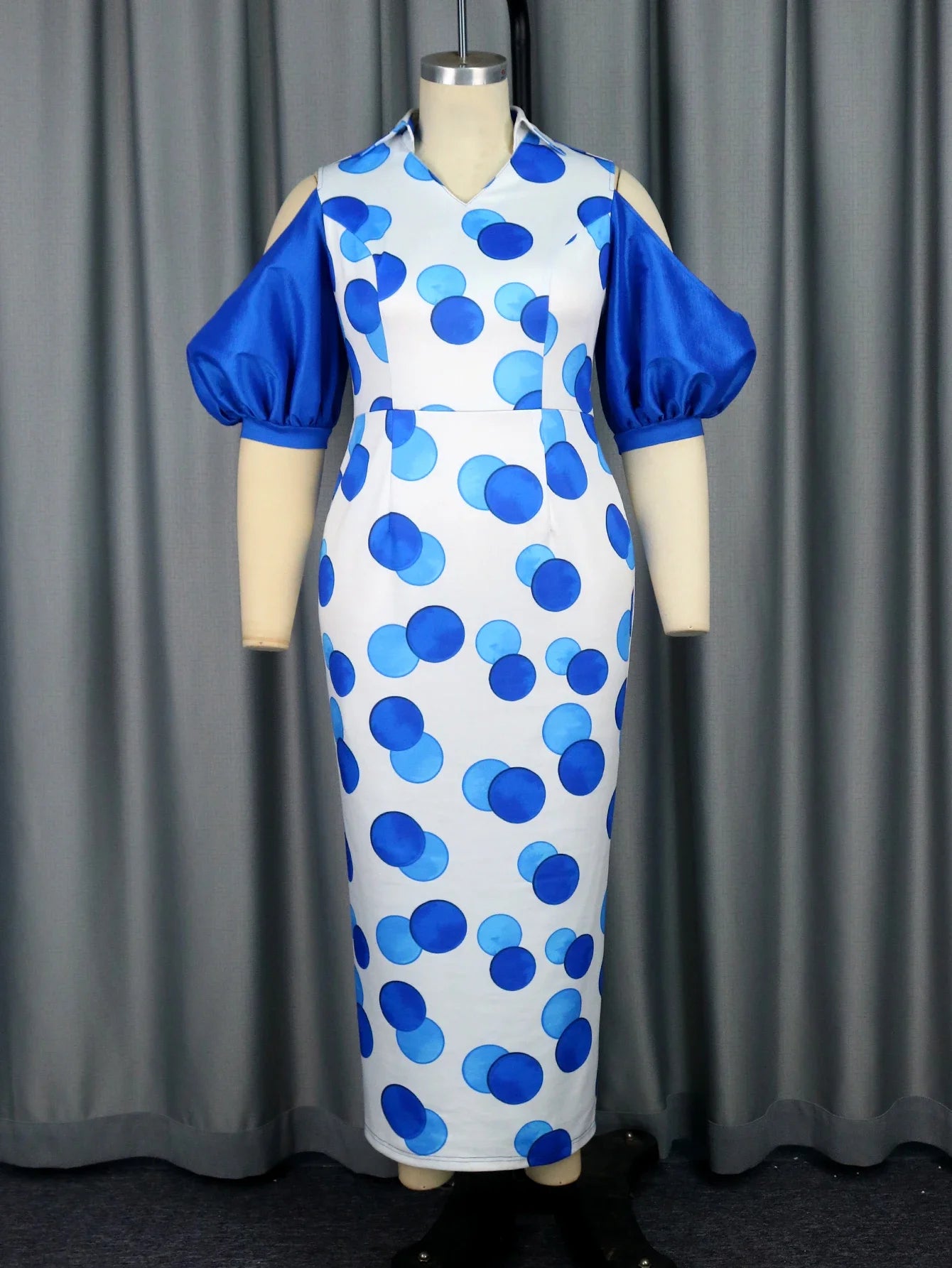 Plus Size Blue Polka Dot Puff Sleeve Mesh Dress
