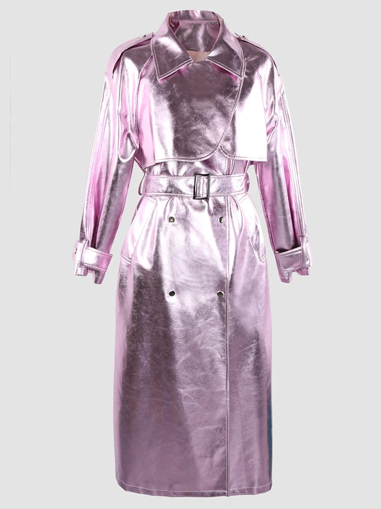 Bright Pink Shiny Belt Overcoat