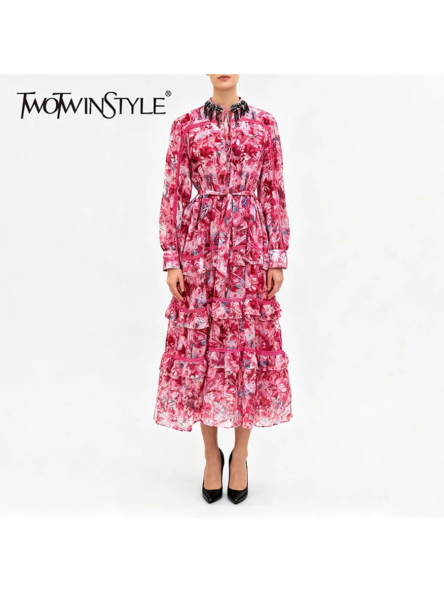 TWOTWINSTYLE Printing Spliced Bead Elegant Dresses for Women Round Neck Long Sleeves Patchwork Ruffles Folds Dress Female New