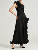 Black Spliced Fungus Folds Irregular Long Dress