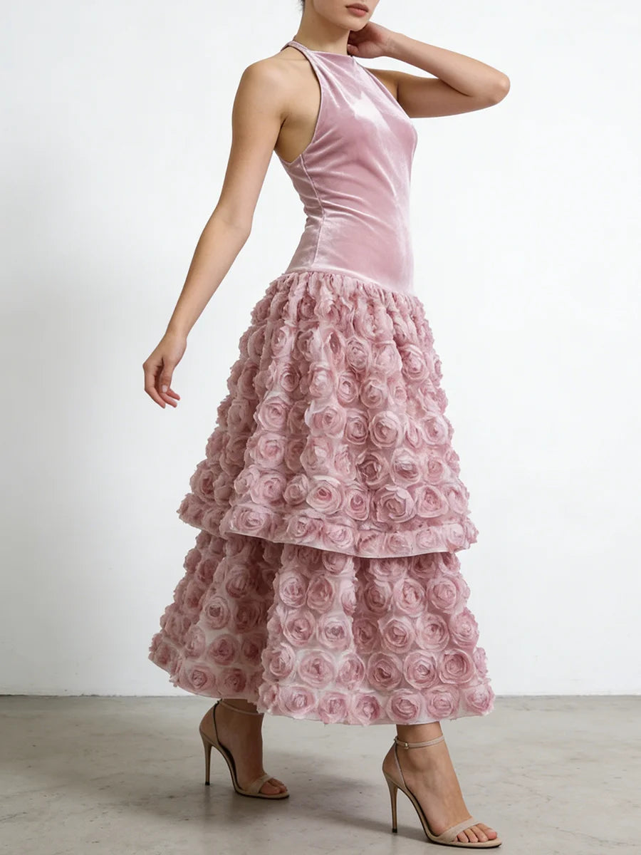 Pink Loose Spliced 3D Flower Chic Dresses