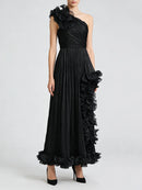 Black Spliced Fungus Folds Irregular Long Dress
