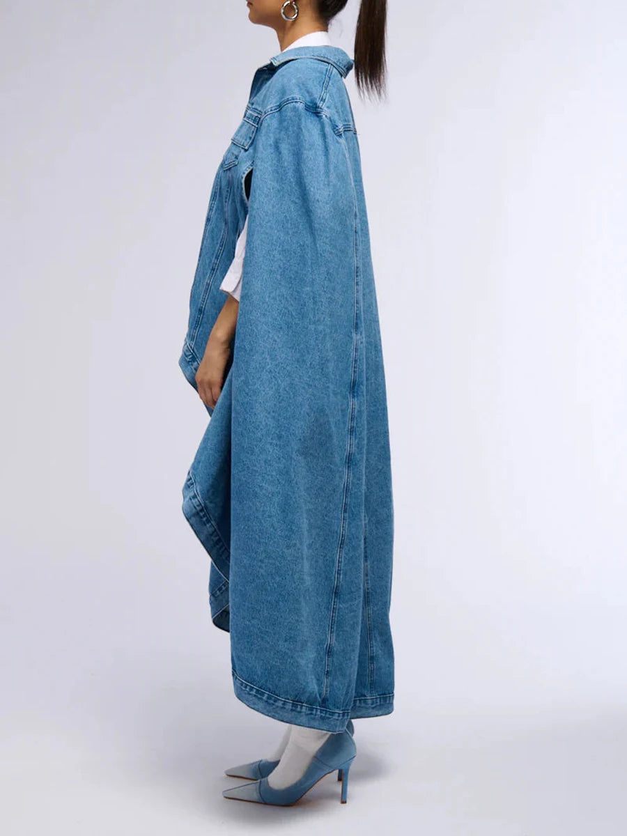Denim Lapel Batwing Sleeve Coat