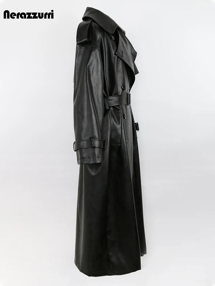 Long Oversized Black Leather Trench Coat