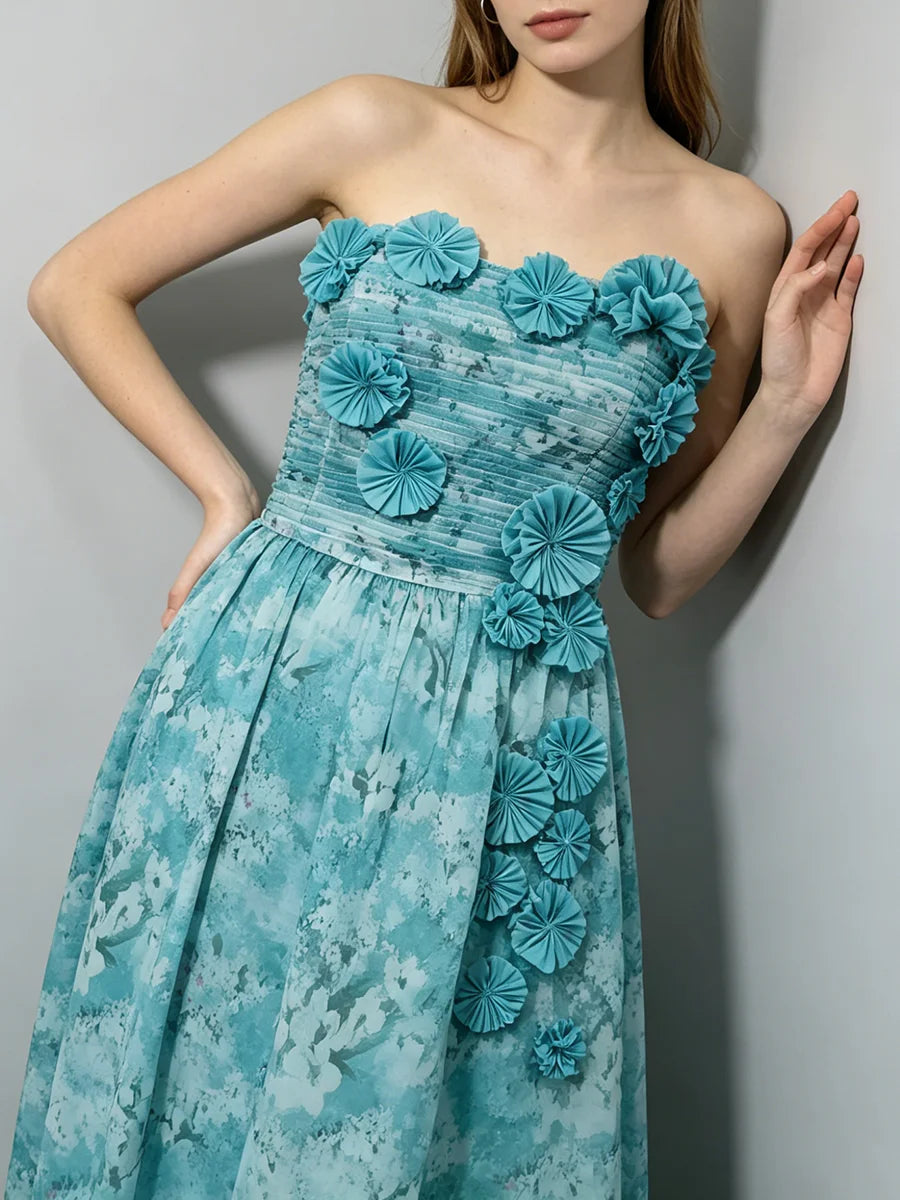 Blue Loose Spliced Flowers Dresses