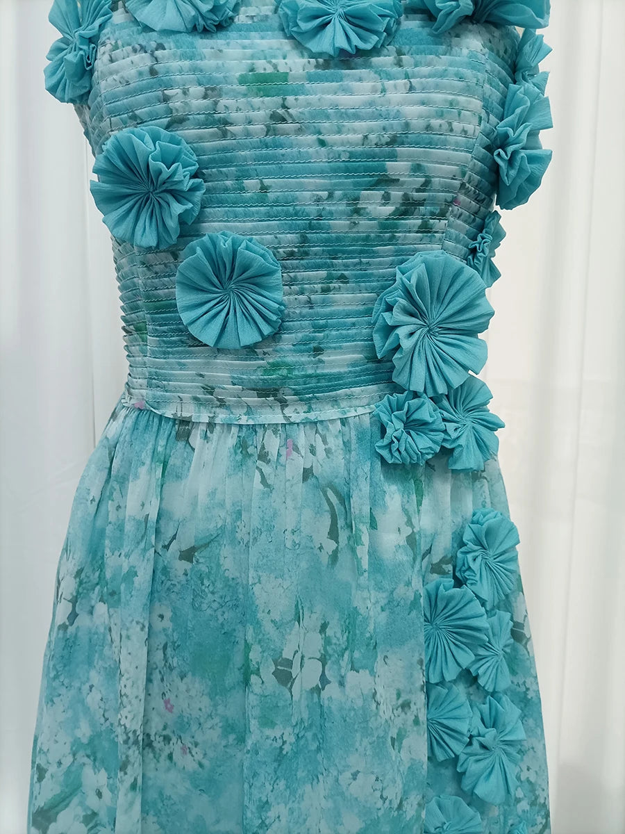 Blue Loose Spliced Flowers Dresses