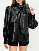 Spliced Bowknot Leather Shirts