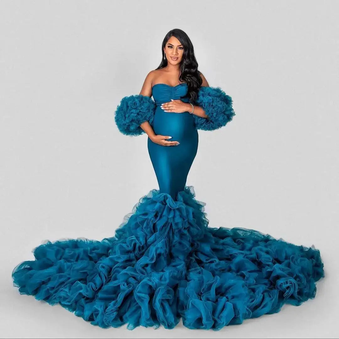 Romantic Blue Evening Dresses Tiered Ruffles Mermaid Babyshower Party Gowns Deatchable Sleeves Pregnant Women Photoshoot Robes