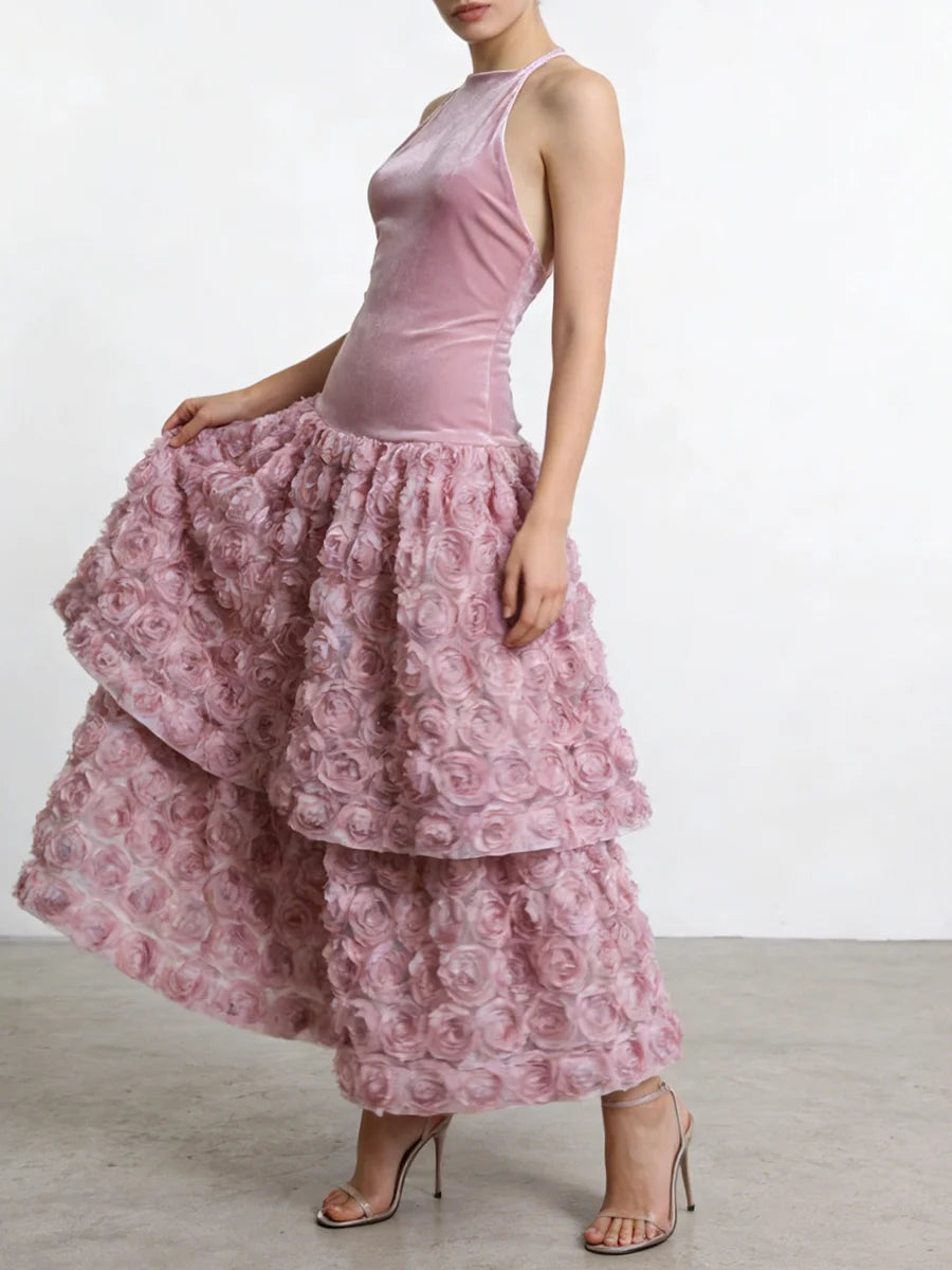 Pink Loose Spliced 3D Flower Chic Dresses