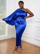 Women’s Blue Satin Ruffled One Shoulder Dress