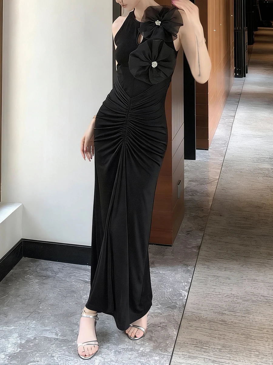 Solid Spliced 3D Flower Fashion Long Dresses