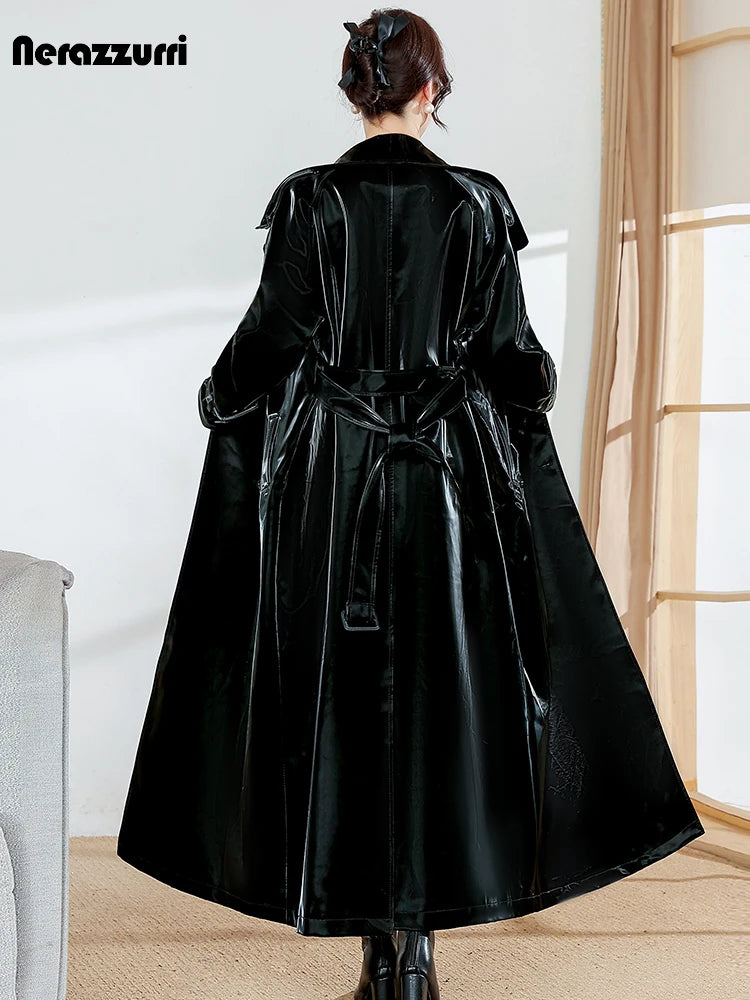 Black & Reflective Patent Leather Trench Coat