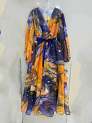 V-Neck Long Sleeves Patchwork Folds Dress