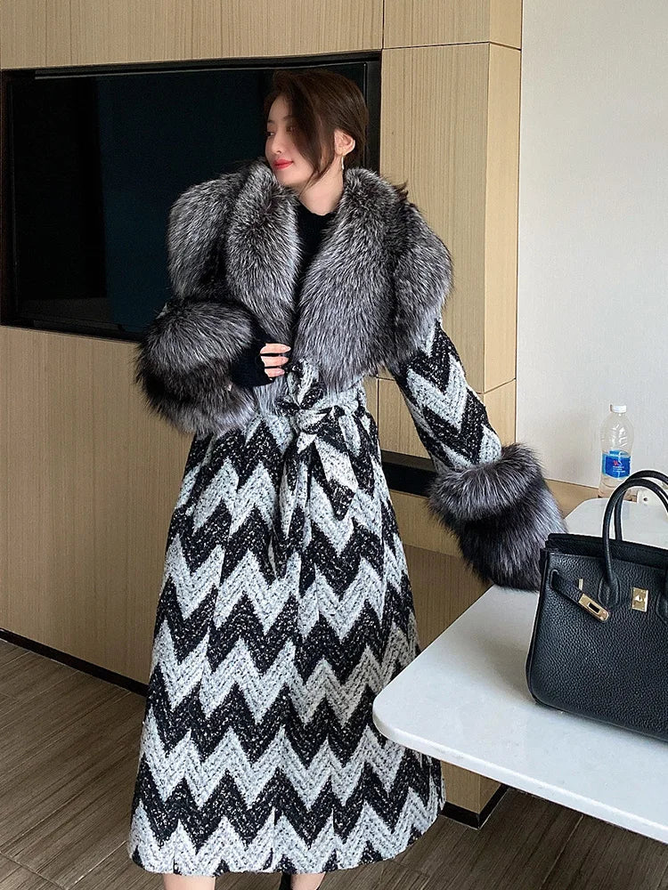 Fur Collar Tweed Plaid Coat