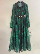 Sheer Spliced Belt Casual Dresses