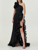 Black Spliced Fungus Folds Irregular Long Dress