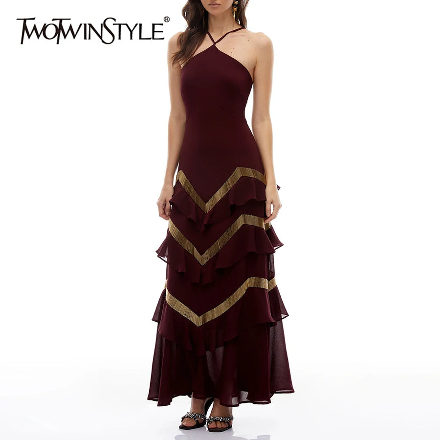 Halter Sleeveless Backless Patchwork Ruffles Dress