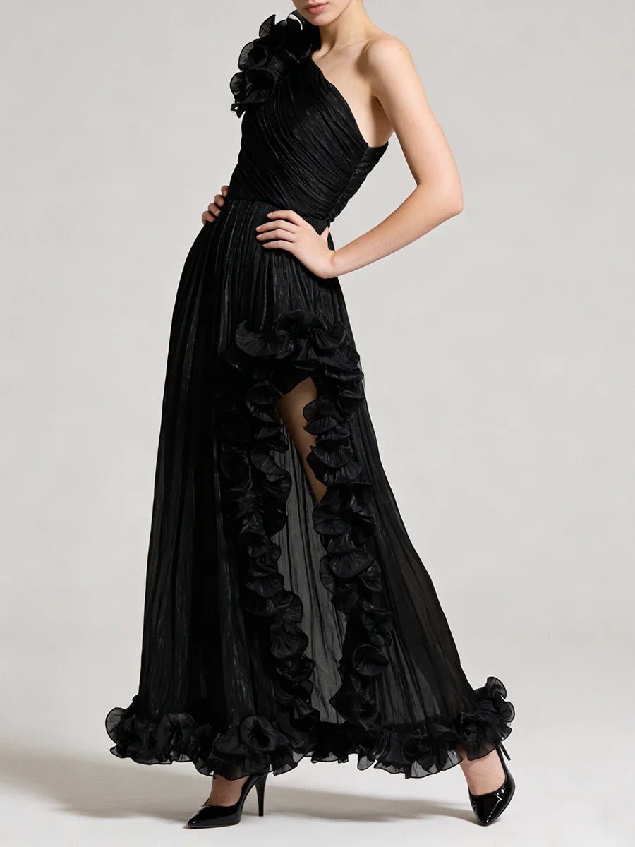 Black Spliced Fungus Folds Irregular Long Dress