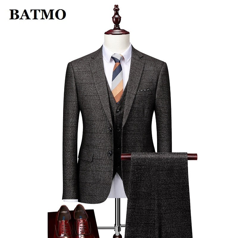 BATMO 2023 new arrival spring Plaid casual suits men,men's wedding dress,jackets+pants+vest, 1752