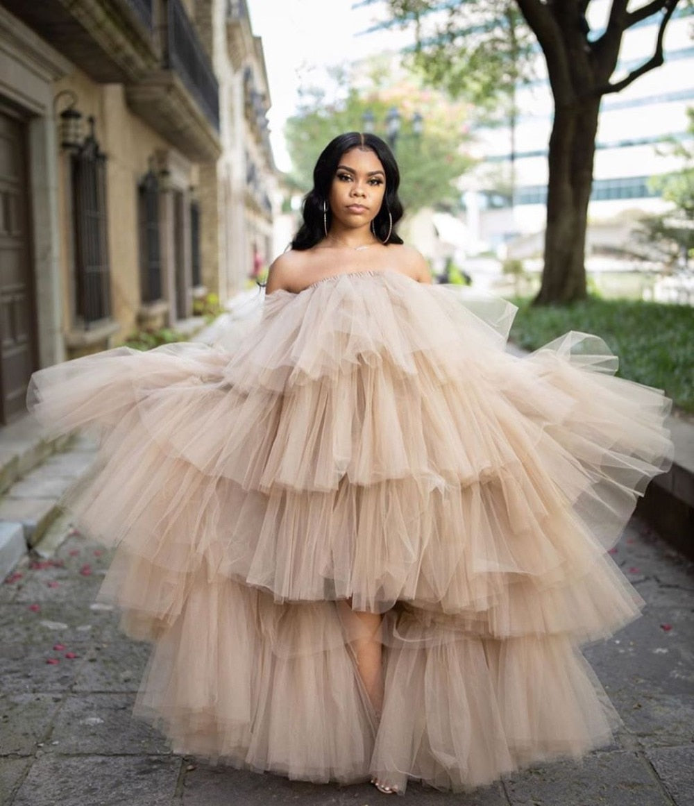 Puffy Tiered Tulle Long Dresses