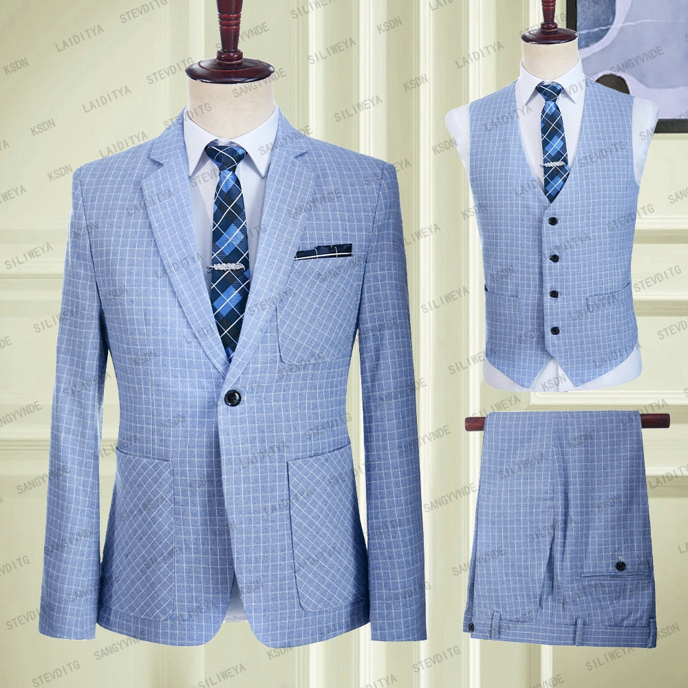 Men’s Suit 3 Pieces Baby Blue Checkered Suit