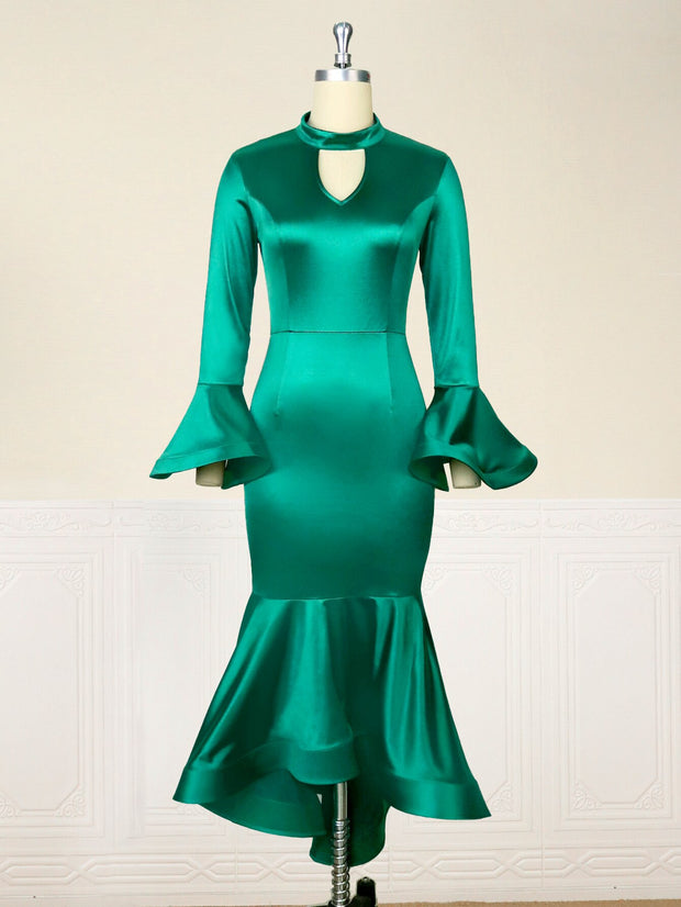 Green Satin Dresses V Neck Dresses