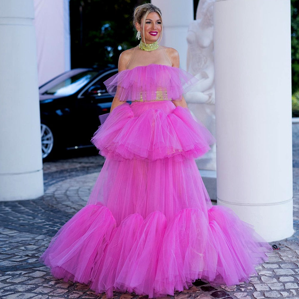 Halter Pink See Through Ruffled Evening Gown