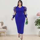 Elegant Midi Dresses O Neck Tulle Long Sleeve Sheath Office Lady Evening Cocktail Party Gowns Plus Size Bodycon Outfits 4XL 5XL