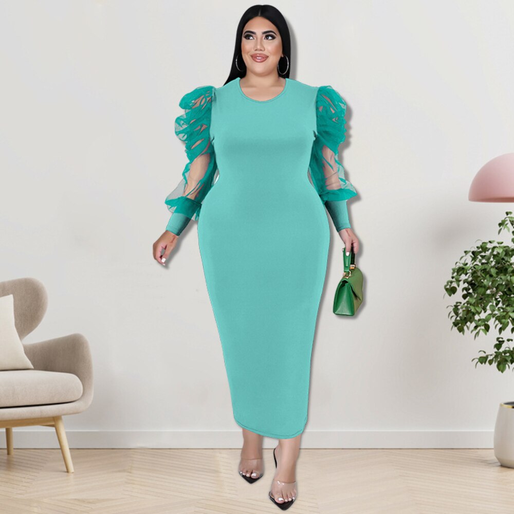 Elegant Midi Dresses O Neck Tulle Long Sleeve Sheath Office Lady Evening Cocktail Party Gowns Plus Size Bodycon Outfits 4XL 5XL